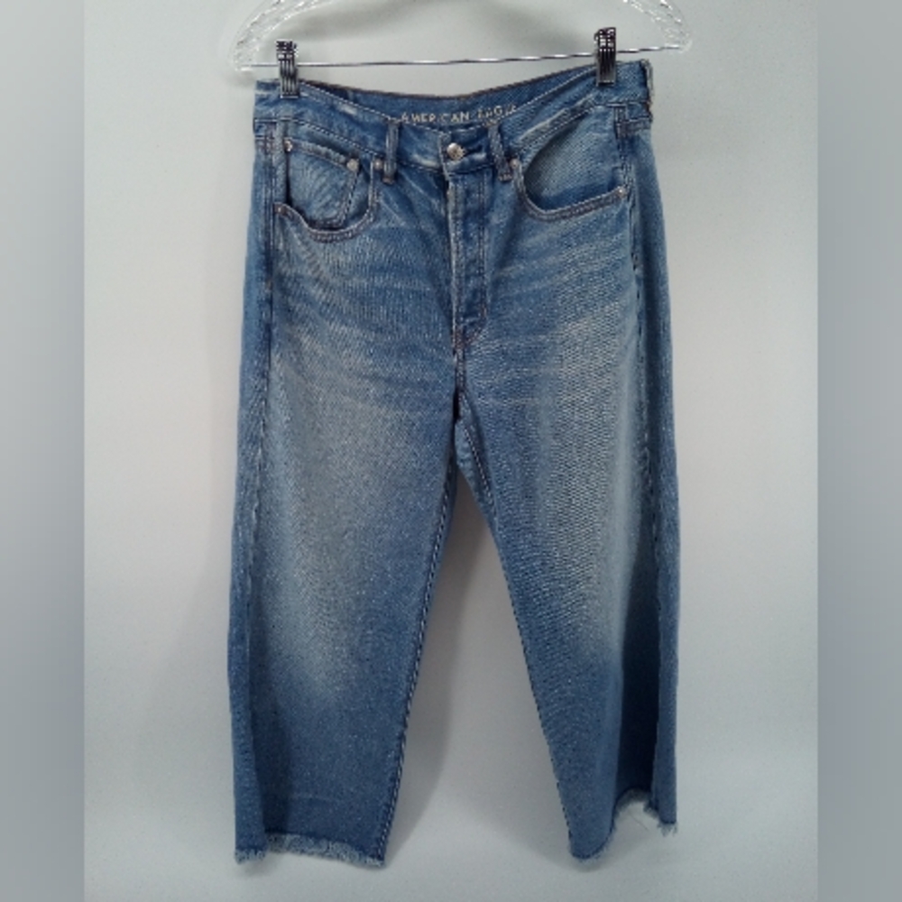 American Eagle Wide Crop Leg Jeans Blue Cotton Blend 2018 Raw Hem 6 Short